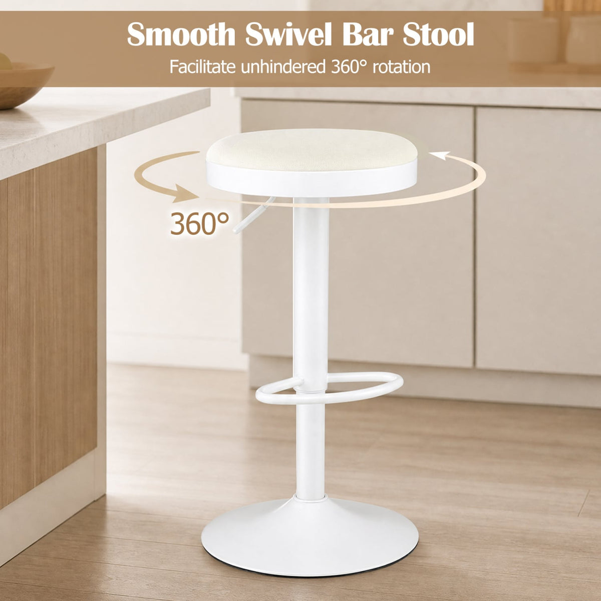 Set of 2 Kitchen Bar Stools with Height Adjustment Padded Seat and D-Shaped Footrest-White-Bar Stools-DECOROLALA