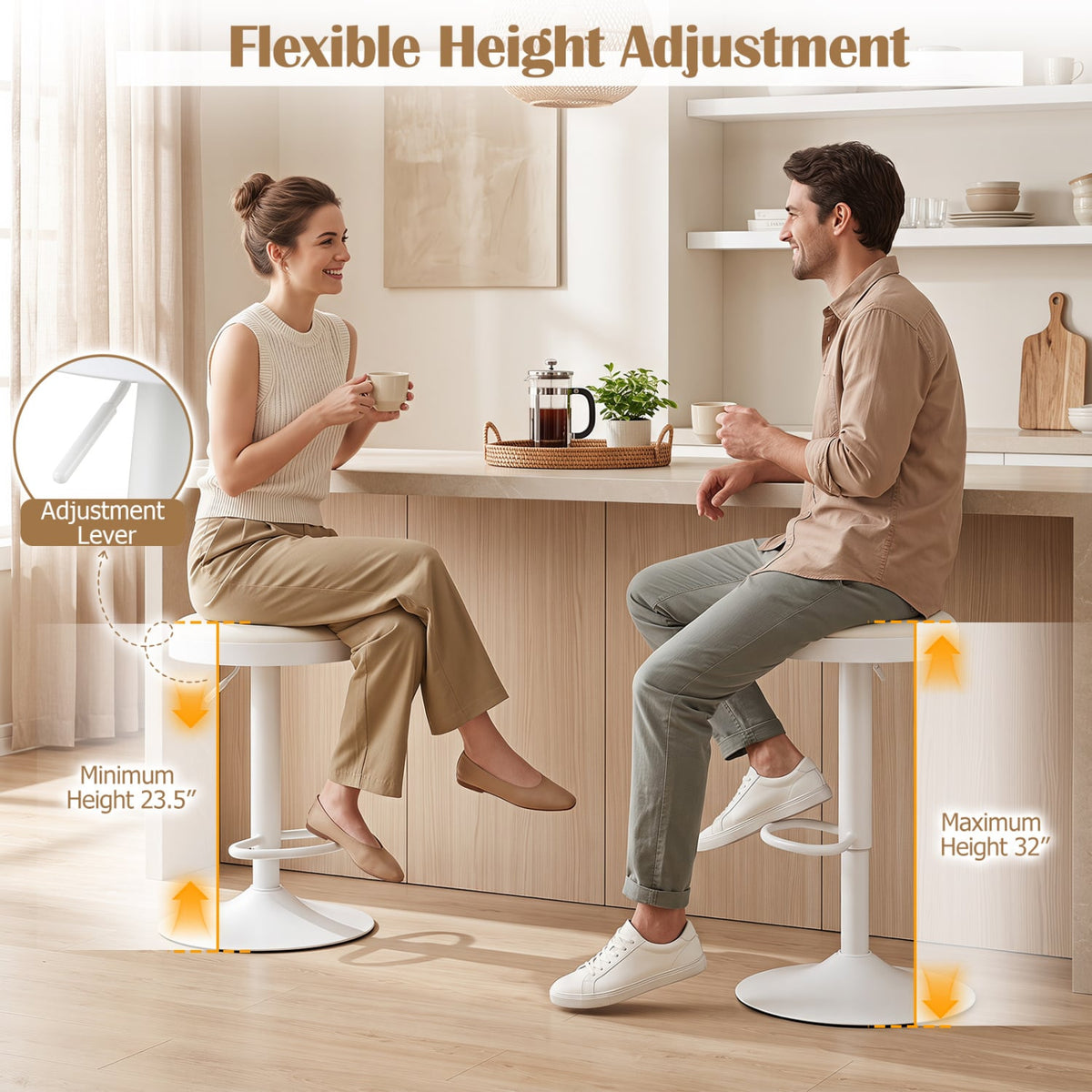 Set of 2 Kitchen Bar Stools with Height Adjustment Padded Seat and D-Shaped Footrest-White-Bar Stools-DECOROLALA