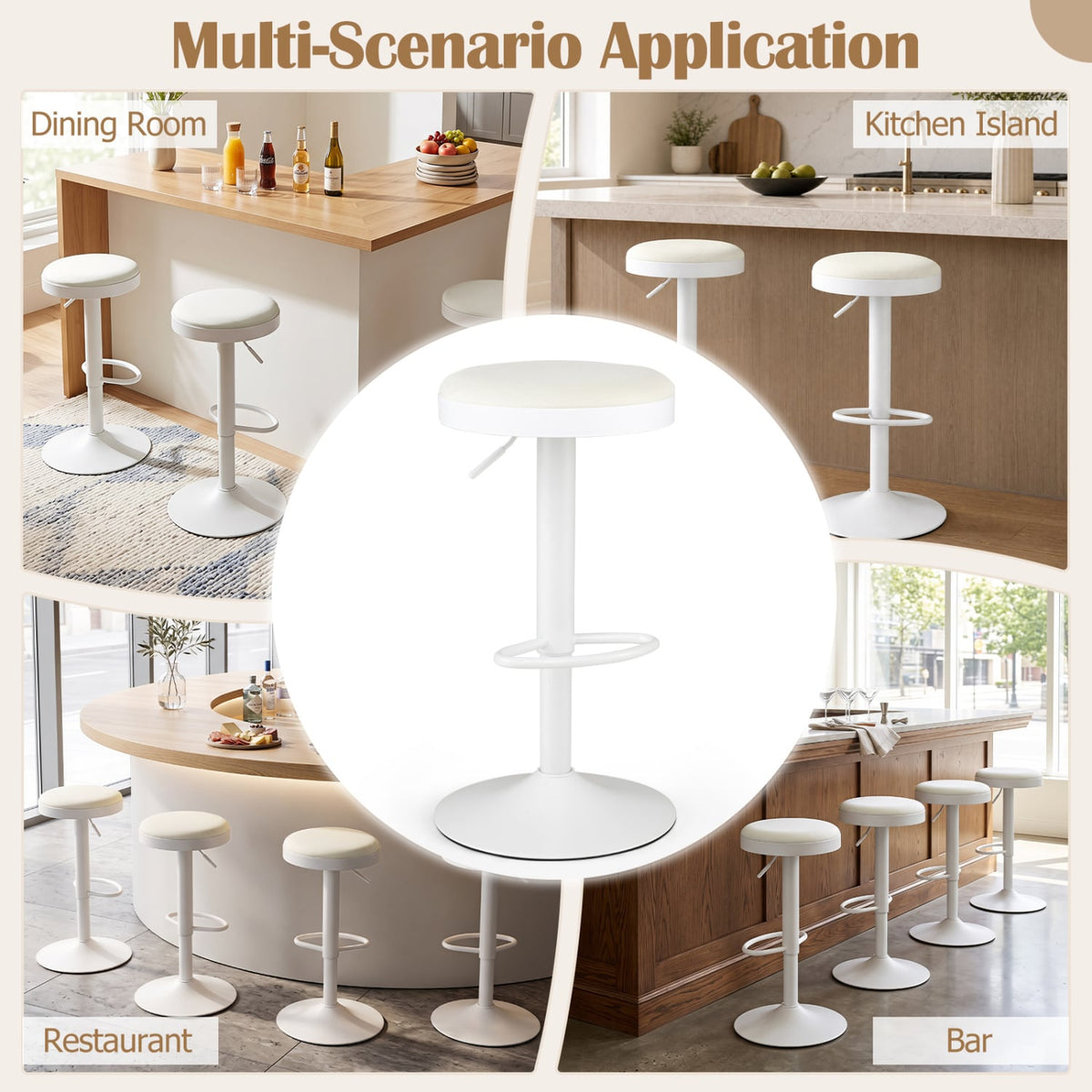 Set of 2 Kitchen Bar Stools with Height Adjustment Padded Seat and D-Shaped Footrest-White-Bar Stools-DECOROLALA