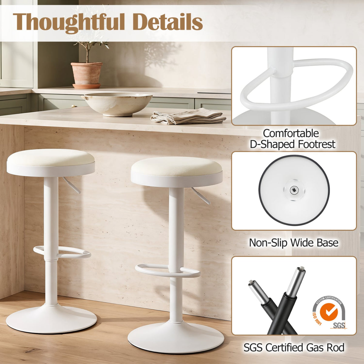 Set of 2 Kitchen Bar Stools with Height Adjustment Padded Seat and D-Shaped Footrest-White-Bar Stools-DECOROLALA