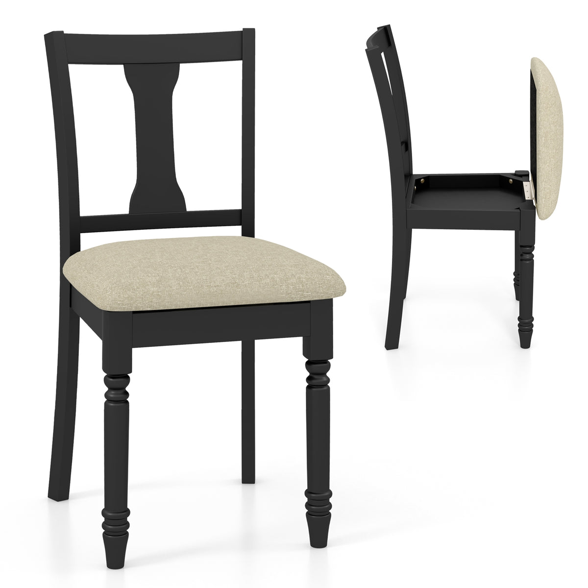 Set of 2 Kitchen Dining Chair with Linen Fabric and Storage Space-Black-Dining Chairs-DECOROLALA