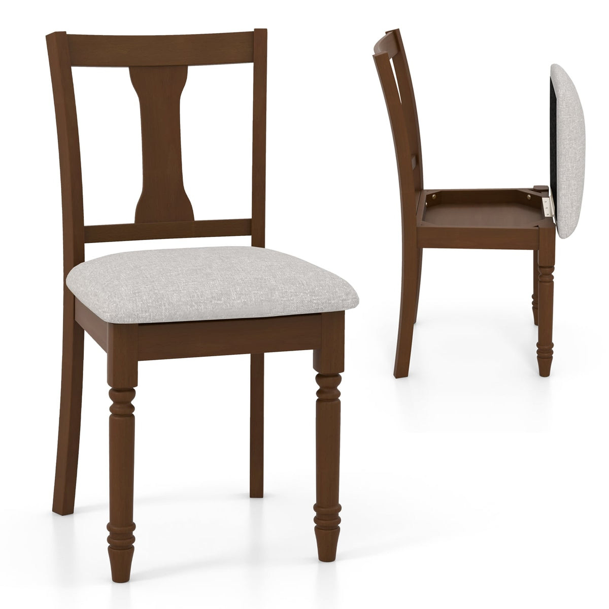 Set of 2 Kitchen Dining Chair with Linen Fabric and Storage Space-Brown-Dining Chairs-DECOROLALA