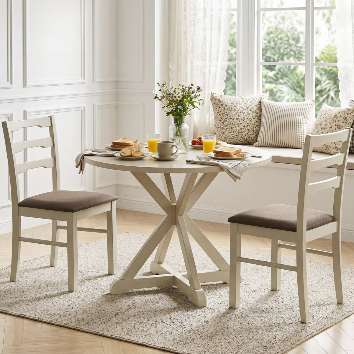 Set of 2 Linen Style Upholstered Dining Chairs with Wood Frames-White-Dining Chairs-DECOROLALA