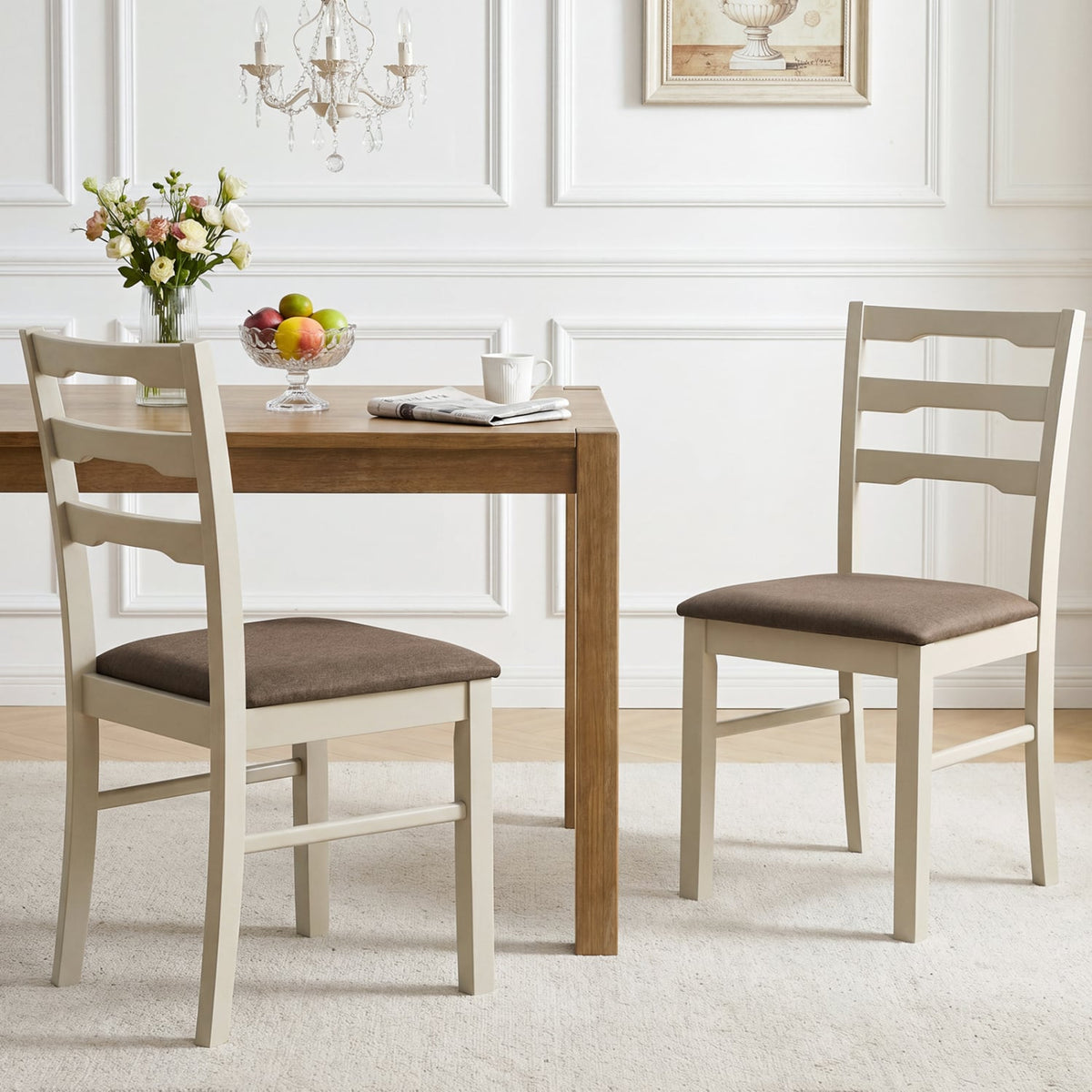 Set of 2 Linen Style Upholstered Dining Chairs with Wood Frames-White-Dining Chairs-DECOROLALA