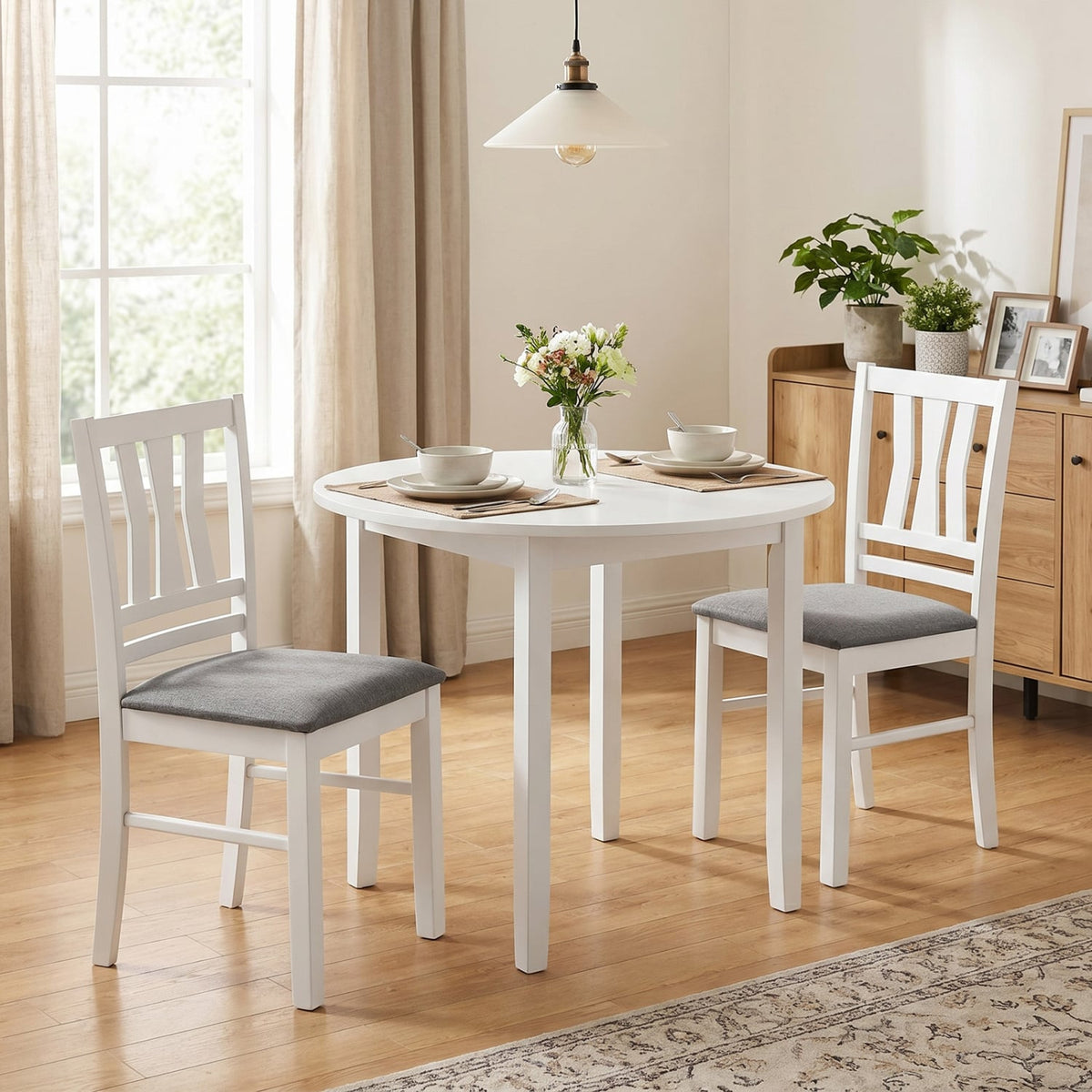 Set of 2 Linen Style Upholstered Kitchen Chairs with Wood Frames-White-Dining Chairs-DECOROLALA