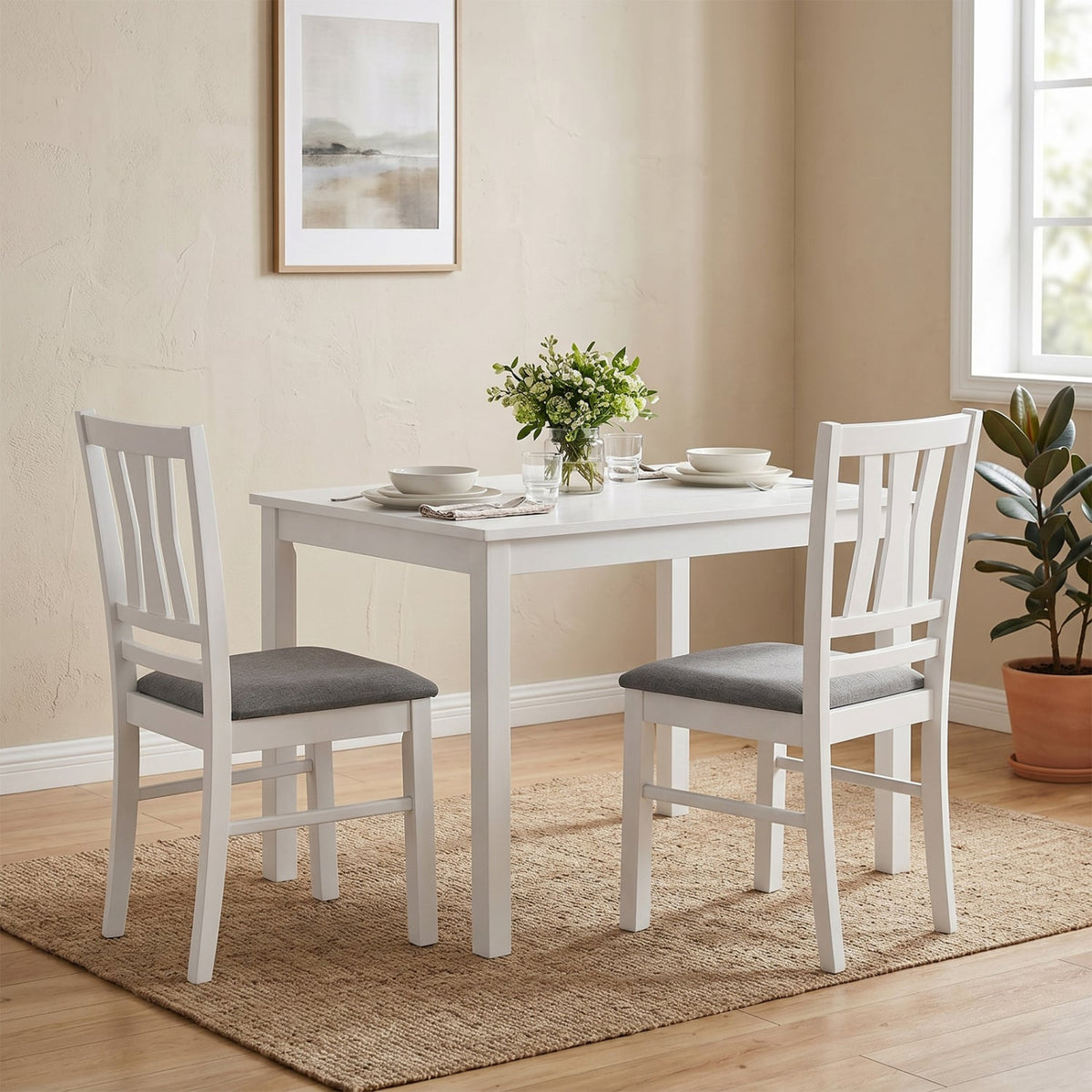 Set of 2 Linen Style Upholstered Kitchen Chairs with Wood Frames-White-Dining Chairs-DECOROLALA
