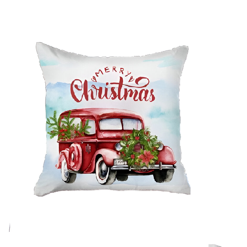 Set of 2 Merry Christmas Vintage Red Car Throw Pillows-Accent Throw Pillows-DECOROLALA