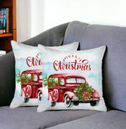 Set of 2 Merry Christmas Vintage Red Car Throw Pillows-Accent Throw Pillows-DECOROLALA