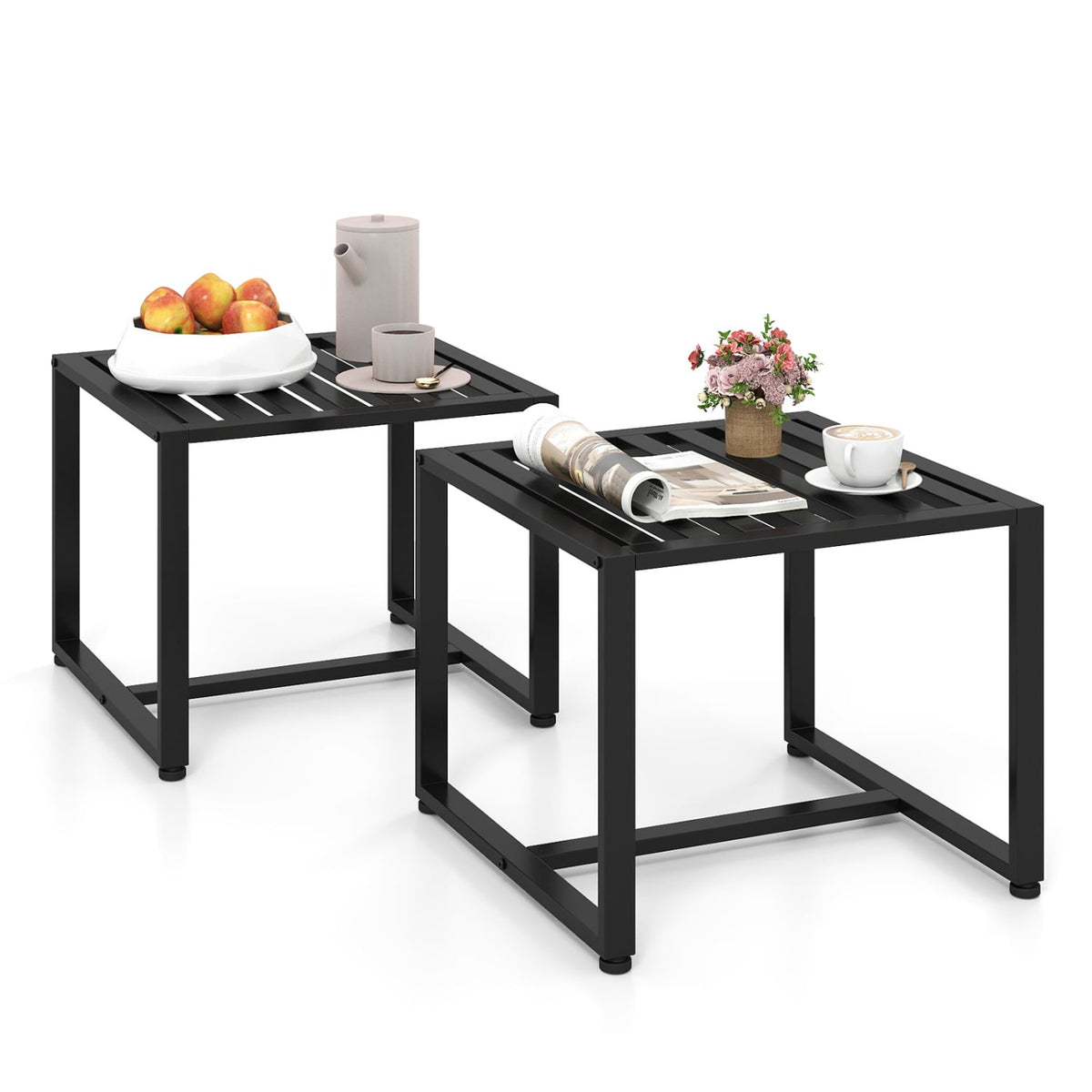 Set of 2 Metal End Tables with Slatted Tabletop-Black-End & Side Tables-DECOROLALA