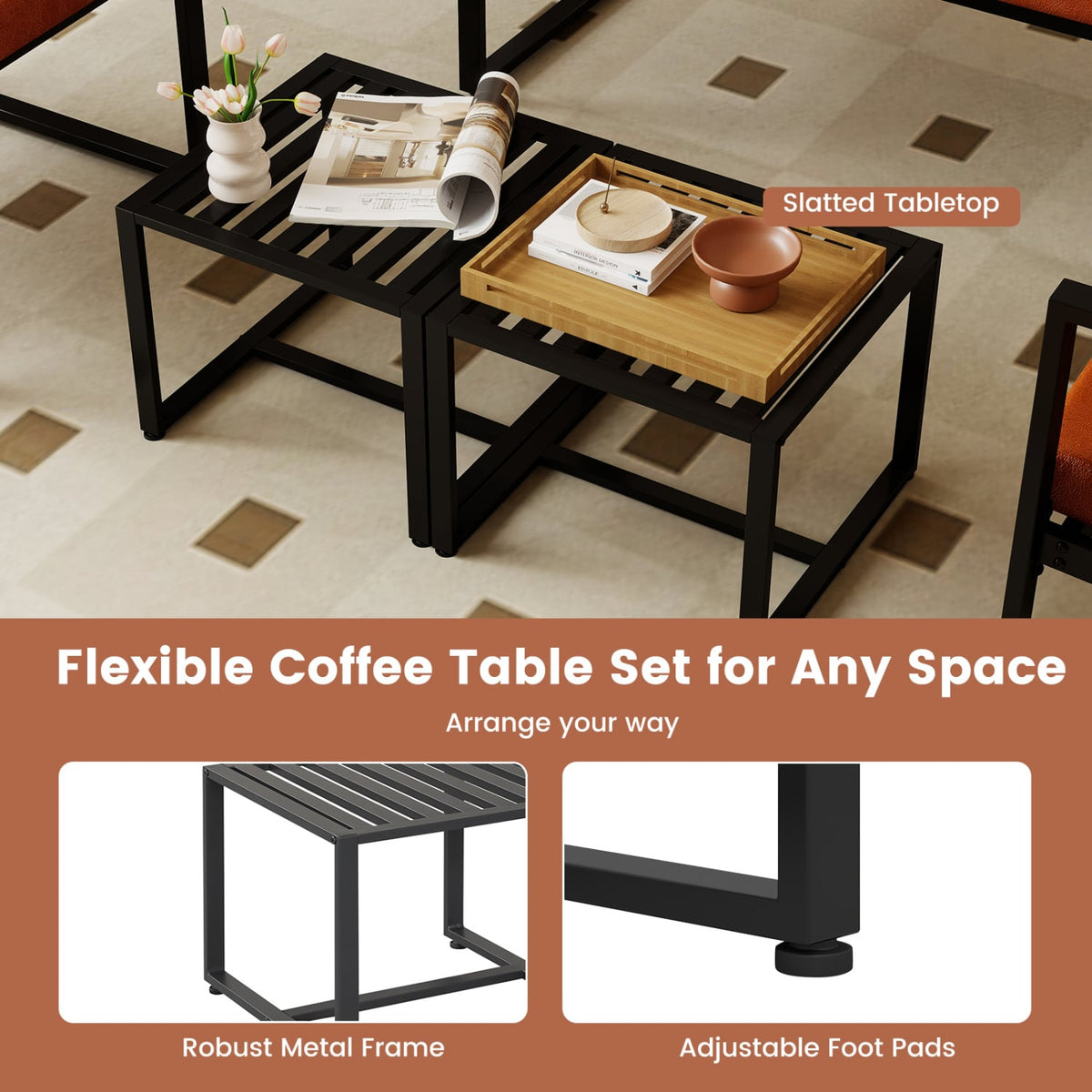 Set of 2 Metal End Tables with Slatted Tabletop-Black-End & Side Tables-DECOROLALA