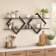 Set of 2 Metal Floating Shelves for Wall with Geometric Frame-Gray Oak-Bookcases-DECOROLALA