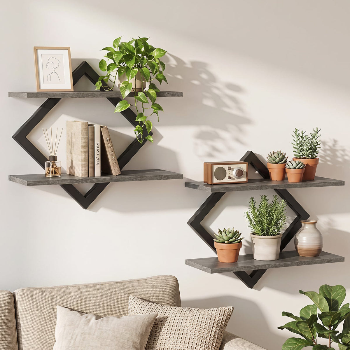 Set of 2 Metal Floating Shelves for Wall with Geometric Frame-Gray Oak-Bookcases-DECOROLALA