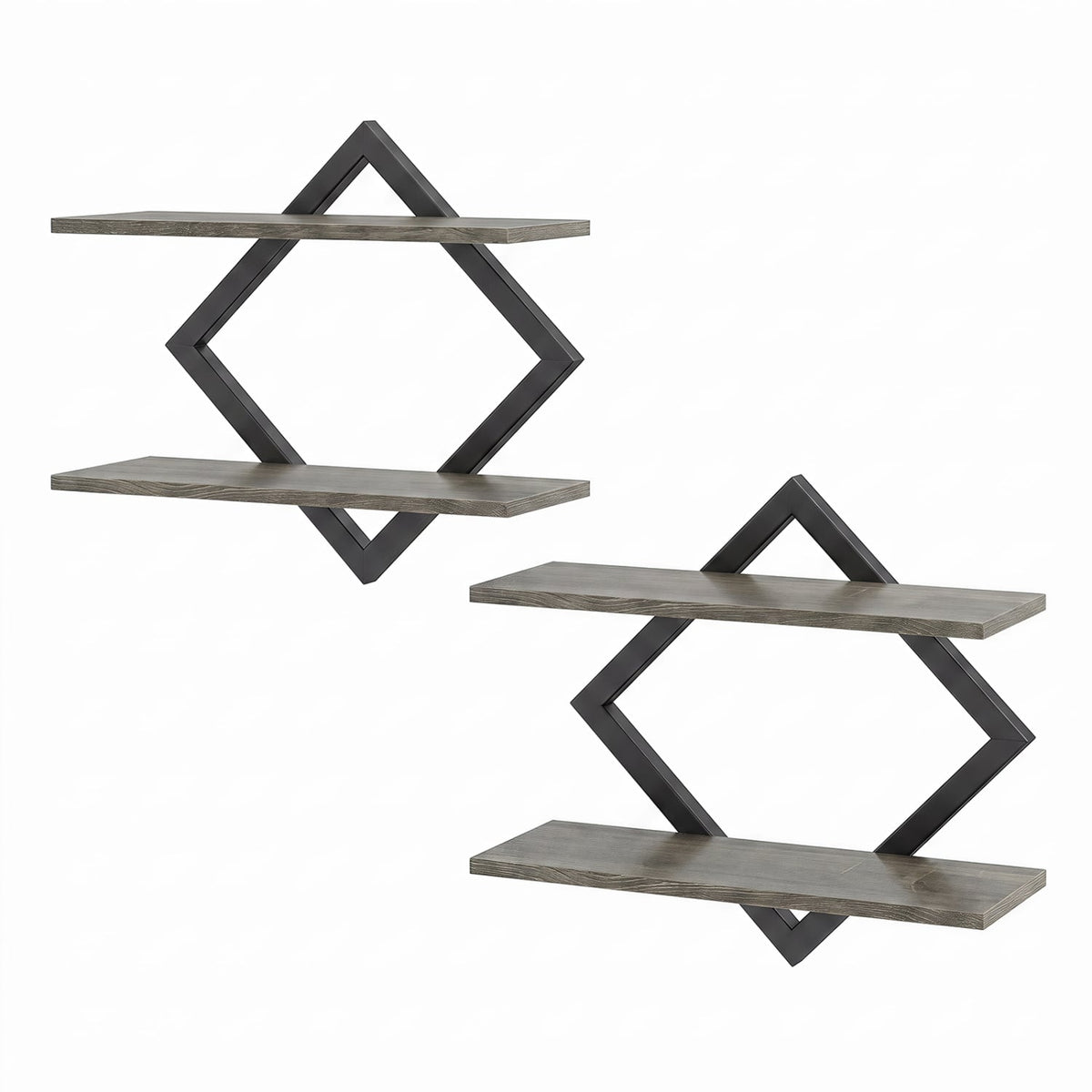 Set of 2 Metal Floating Shelves for Wall with Geometric Frame-Gray Oak-Bookcases-DECOROLALA