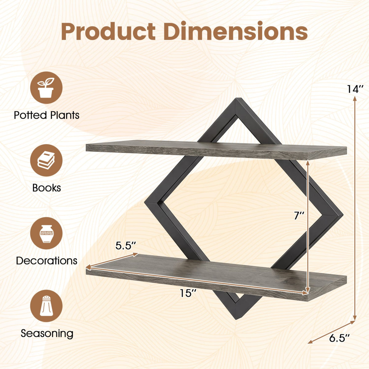 Set of 2 Metal Floating Shelves for Wall with Geometric Frame-Gray Oak-Bookcases-DECOROLALA