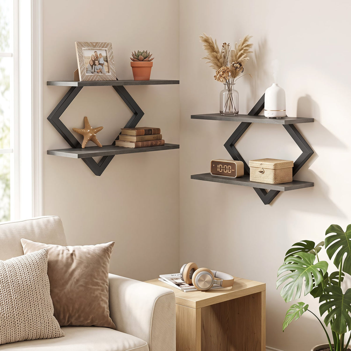 Set of 2 Metal Floating Shelves for Wall with Geometric Frame-Gray Oak-Bookcases-DECOROLALA
