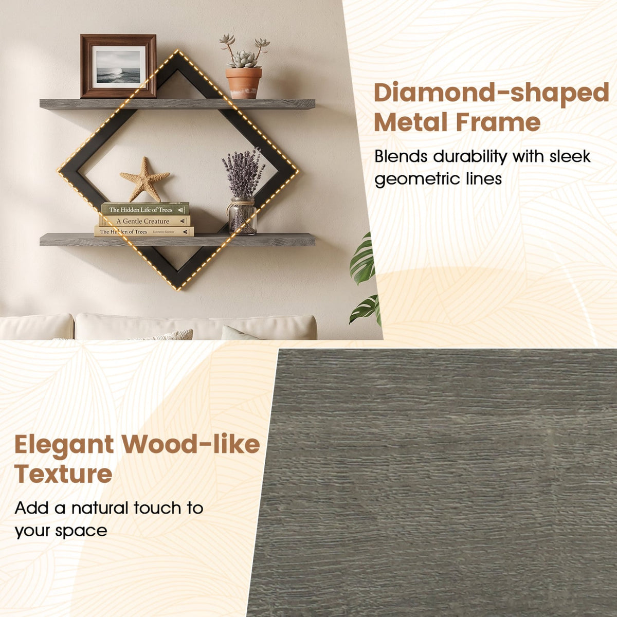 Set of 2 Metal Floating Shelves for Wall with Geometric Frame-Gray Oak-Bookcases-DECOROLALA