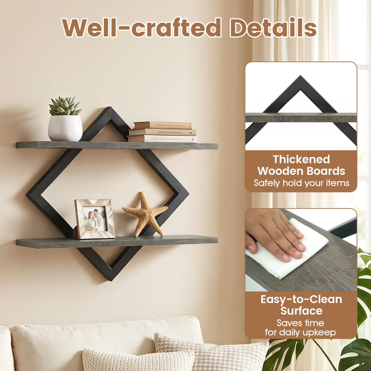 Set of 2 Metal Floating Shelves for Wall with Geometric Frame-Gray Oak-Bookcases-DECOROLALA