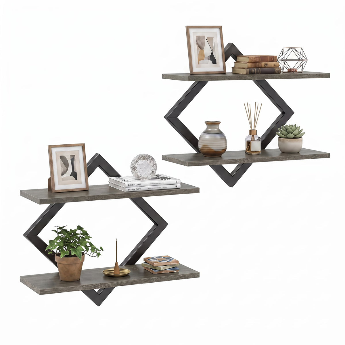 Set of 2 Metal Floating Shelves for Wall with Geometric Frame-Gray Oak-Bookcases-DECOROLALA