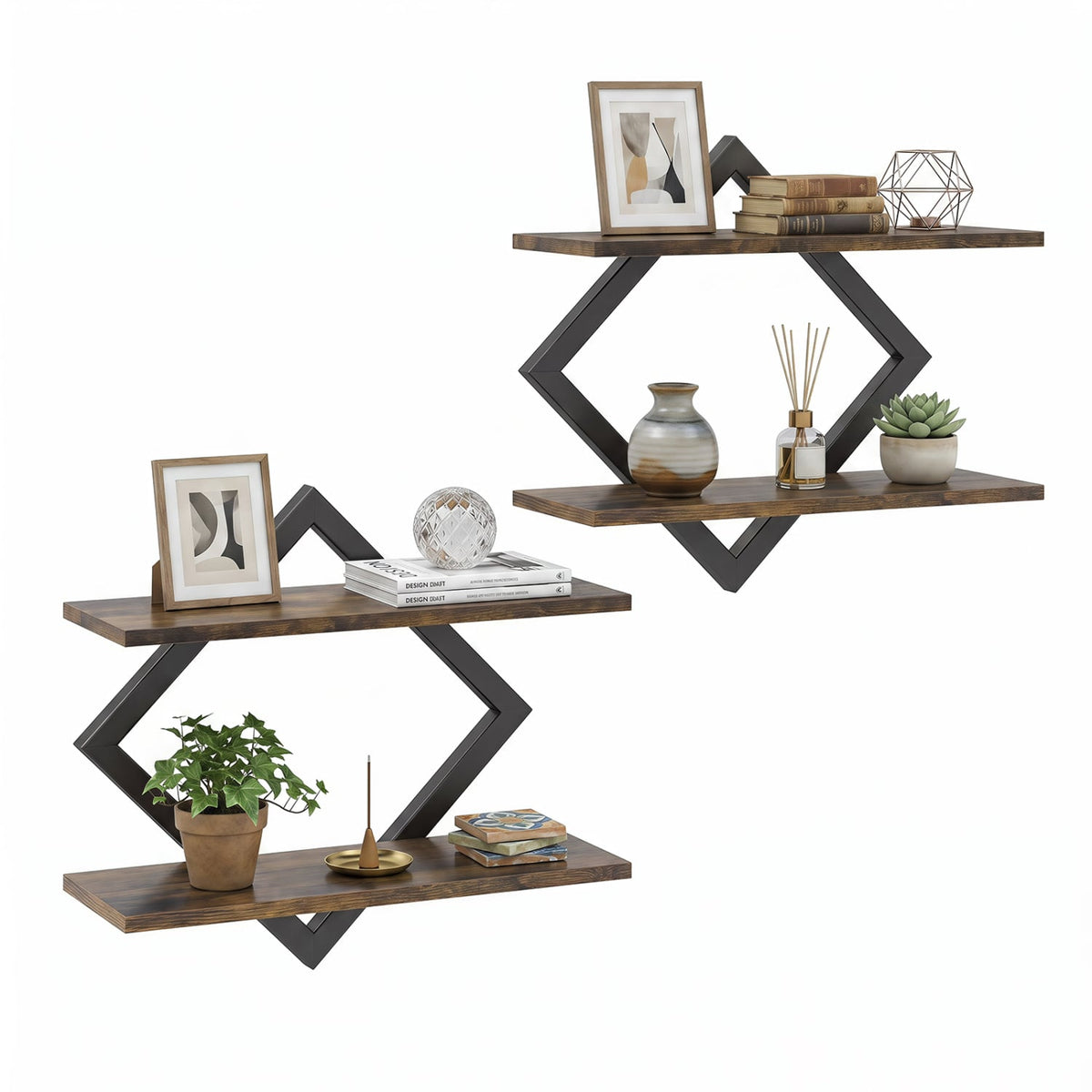 Set of 2 Metal Floating Shelves for Wall with Geometric Frame-Rustic Brown-Bookcases-DECOROLALA