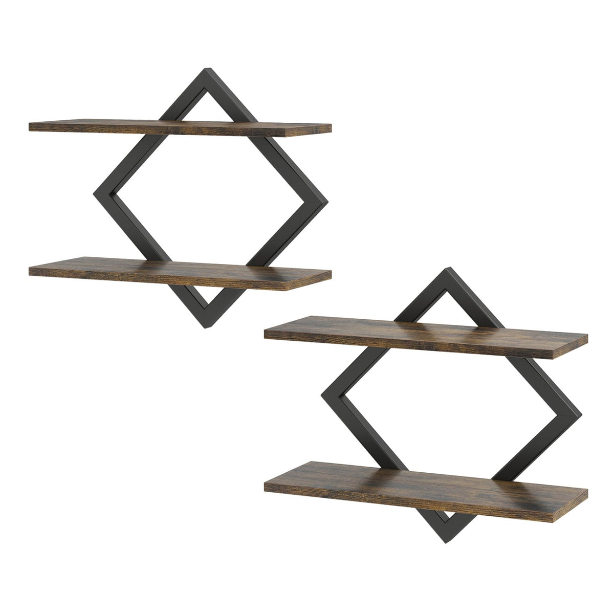 Set of 2 Metal Floating Shelves for Wall with Geometric Frame-Rustic Brown-Bookcases-DECOROLALA
