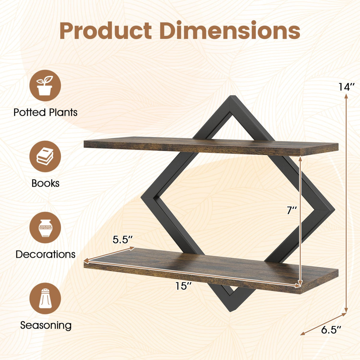 Set of 2 Metal Floating Shelves for Wall with Geometric Frame-Rustic Brown-Bookcases-DECOROLALA