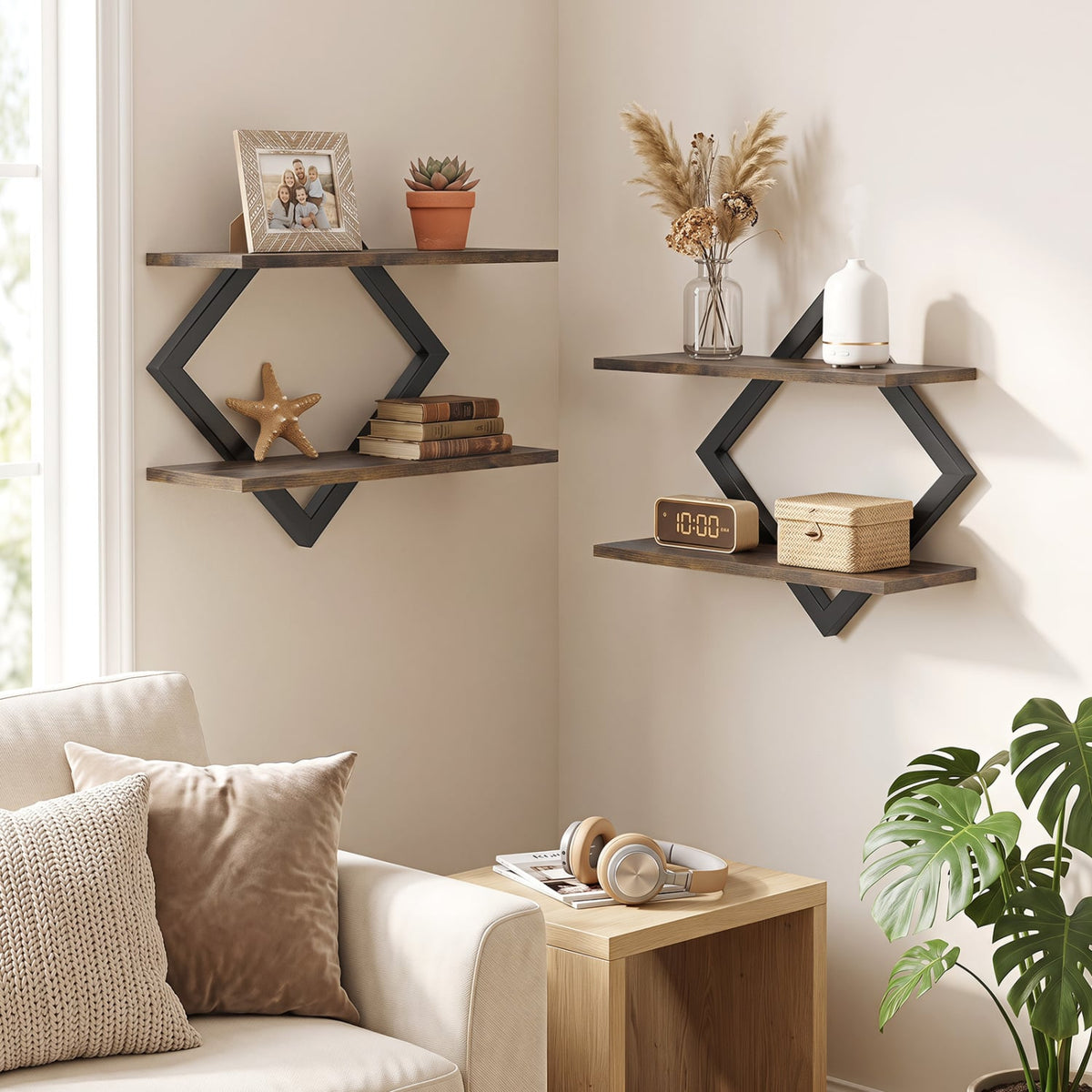 Set of 2 Metal Floating Shelves for Wall with Geometric Frame-Rustic Brown-Bookcases-DECOROLALA