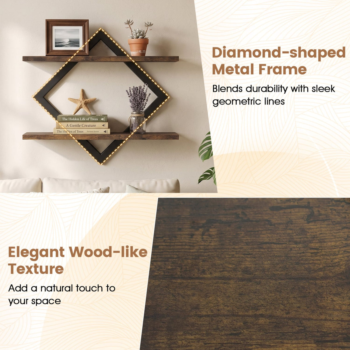 Set of 2 Metal Floating Shelves for Wall with Geometric Frame-Rustic Brown-Bookcases-DECOROLALA