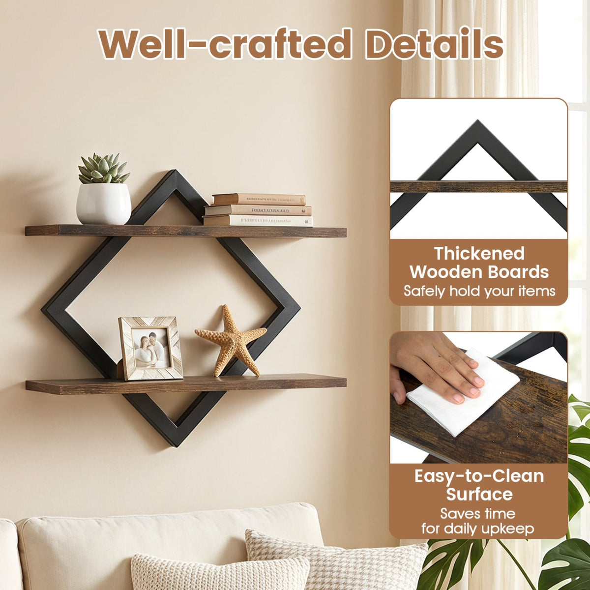 Set of 2 Metal Floating Shelves for Wall with Geometric Frame-Rustic Brown-Bookcases-DECOROLALA
