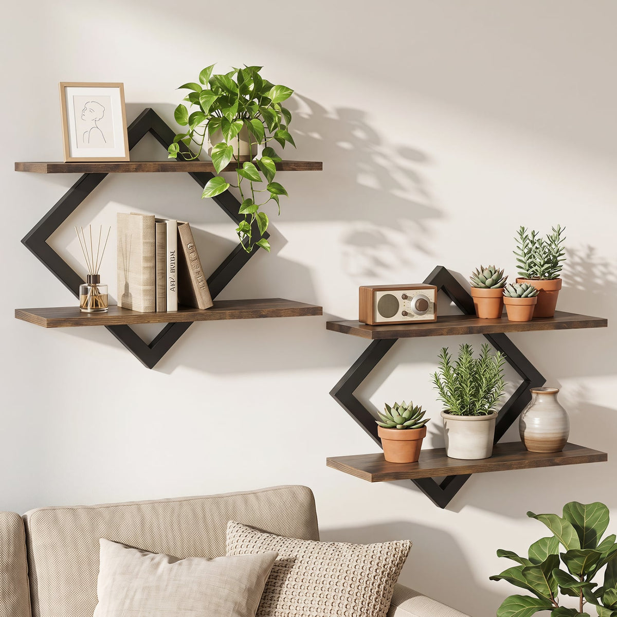 Set of 2 Metal Floating Shelves for Wall with Geometric Frame-Rustic Brown-Bookcases-DECOROLALA
