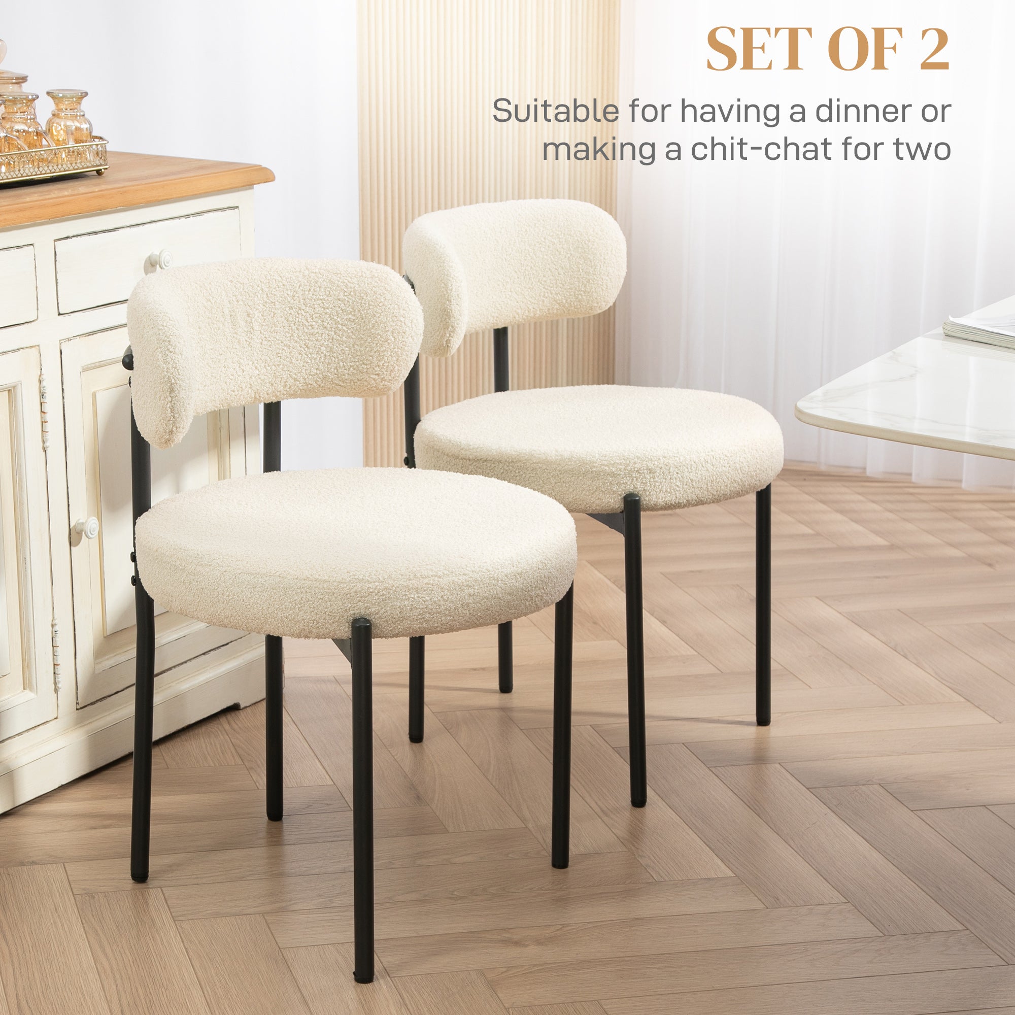 Set of 2 Modern Dining Chairs - Beige Berber Fleece & Steel Legs-Home Furnishings > Kitchen & Dining Furniture > Dining Chairs-DECOROLALA