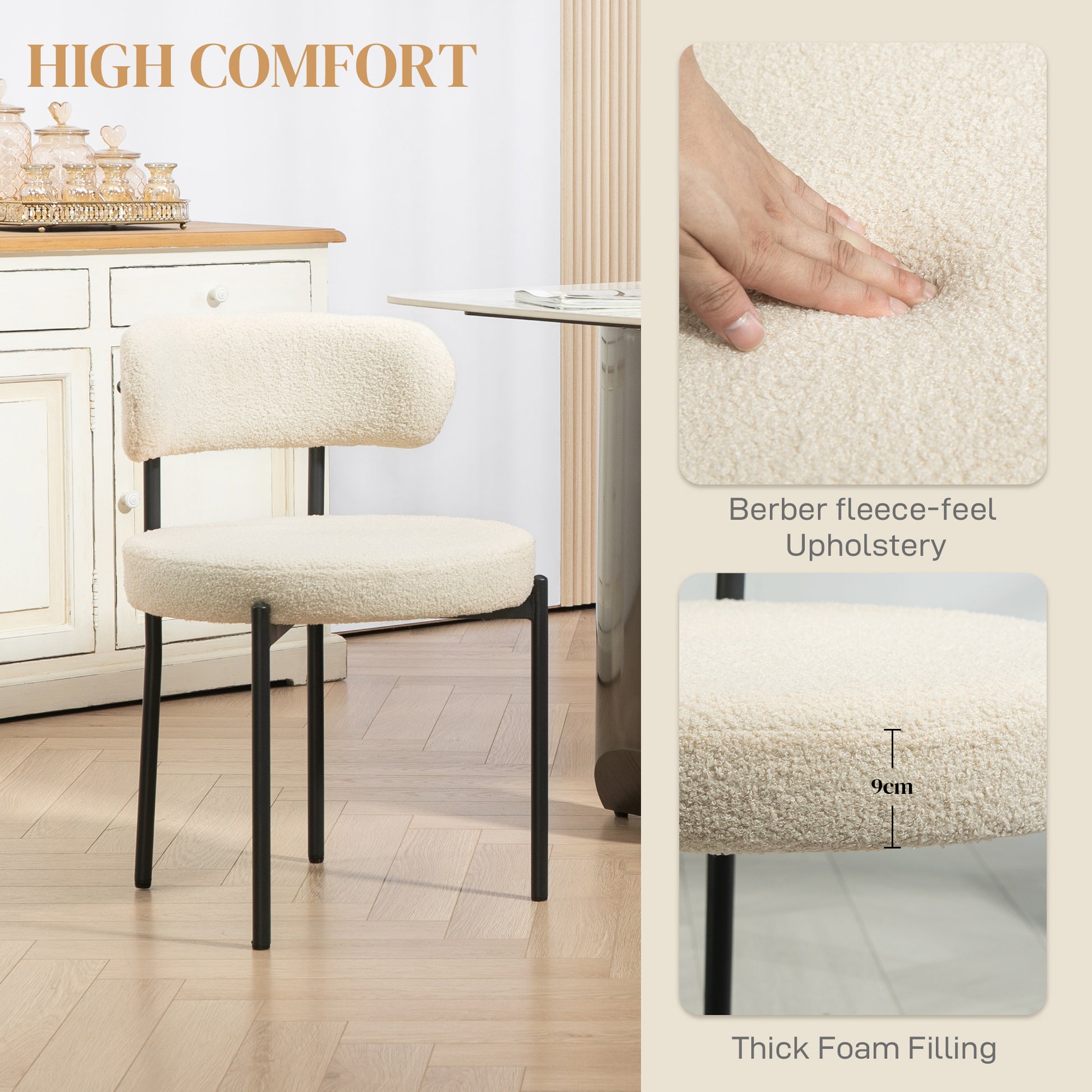 Set of 2 Modern Dining Chairs - Beige Berber Fleece & Steel Legs-Home Furnishings > Kitchen & Dining Furniture > Dining Chairs-DECOROLALA