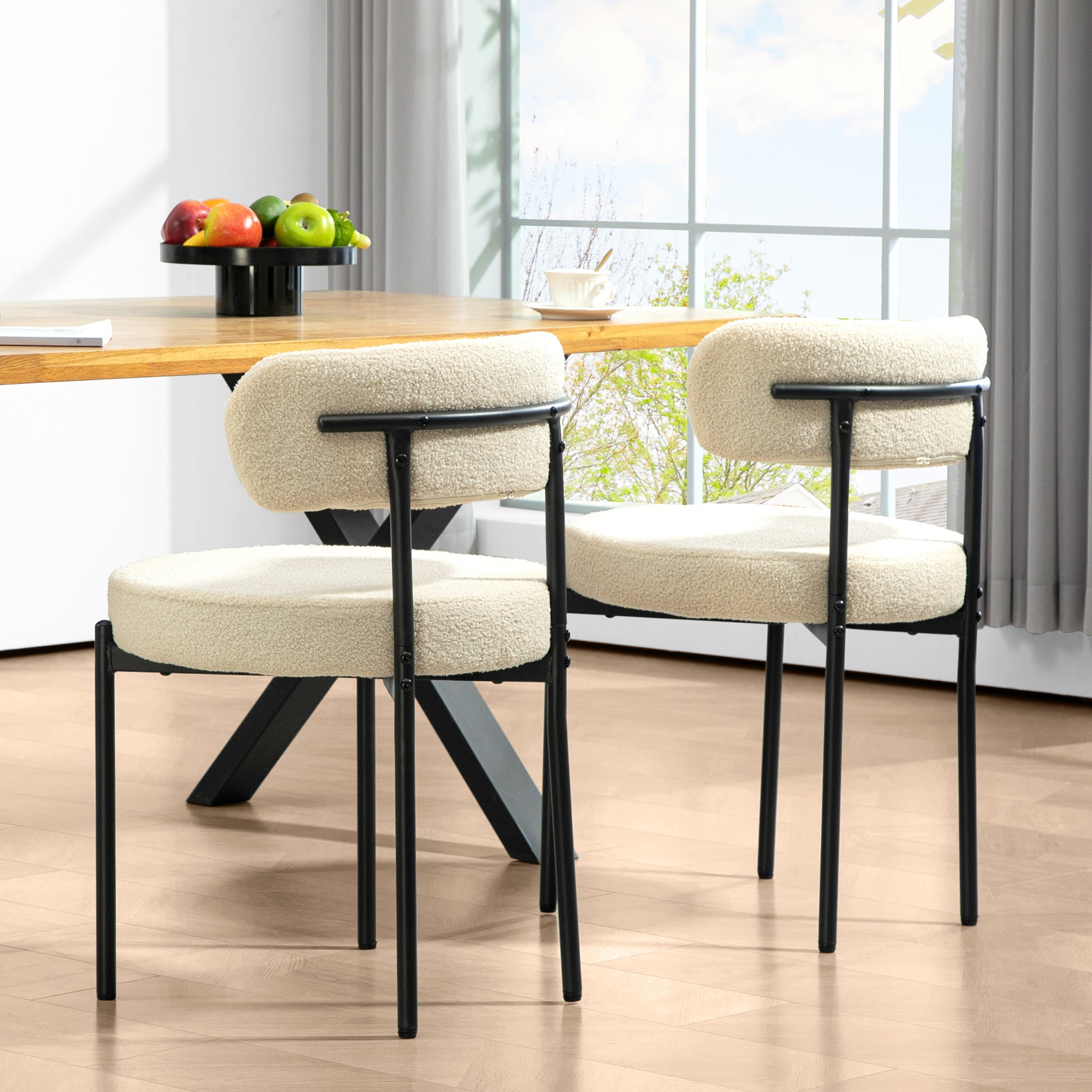Set of 2 Modern Dining Chairs - Beige Berber Fleece & Steel Legs-Home Furnishings > Kitchen & Dining Furniture > Dining Chairs-DECOROLALA