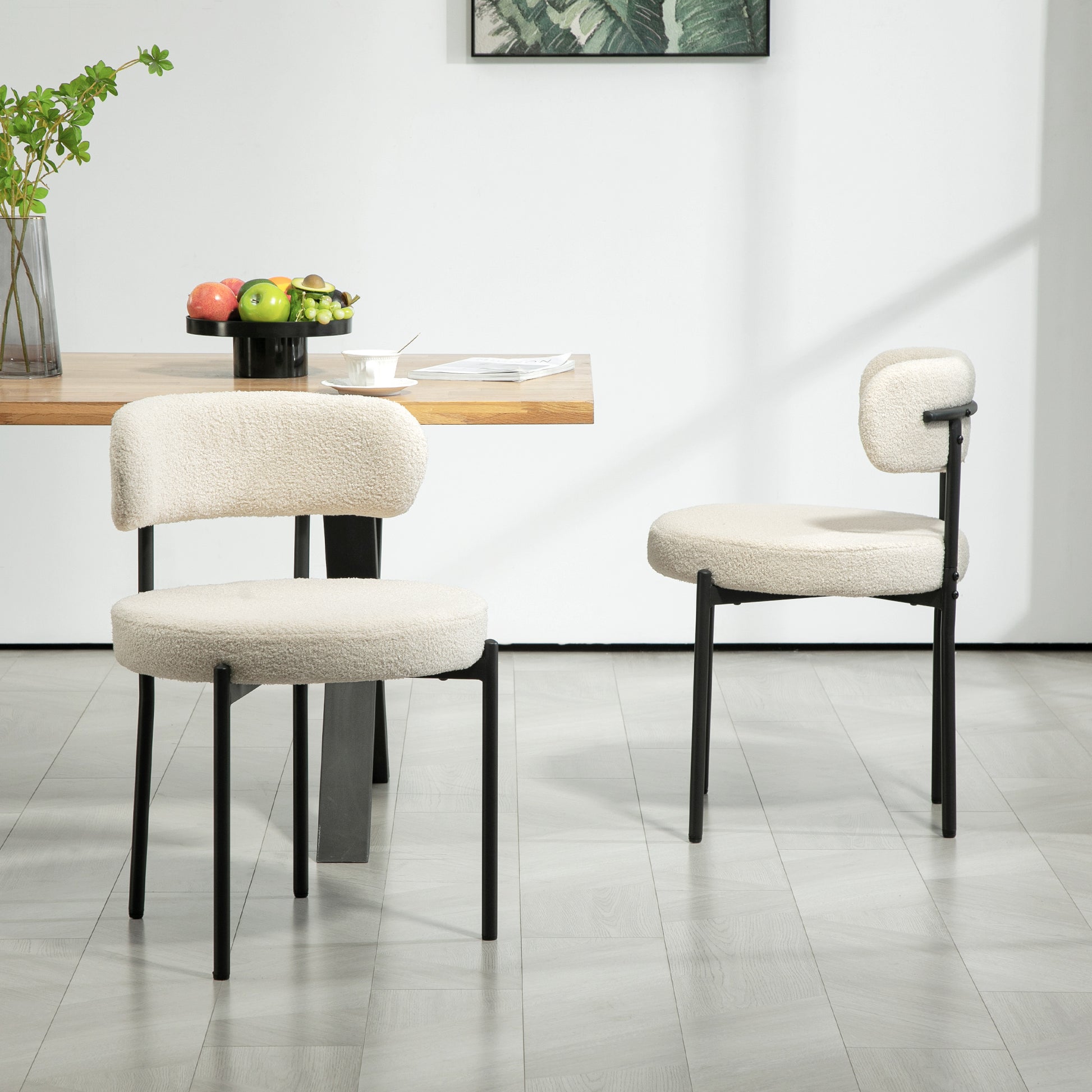 Set of 2 Modern Dining Chairs - Beige Berber Fleece & Steel Legs-Home Furnishings > Kitchen & Dining Furniture > Dining Chairs-DECOROLALA