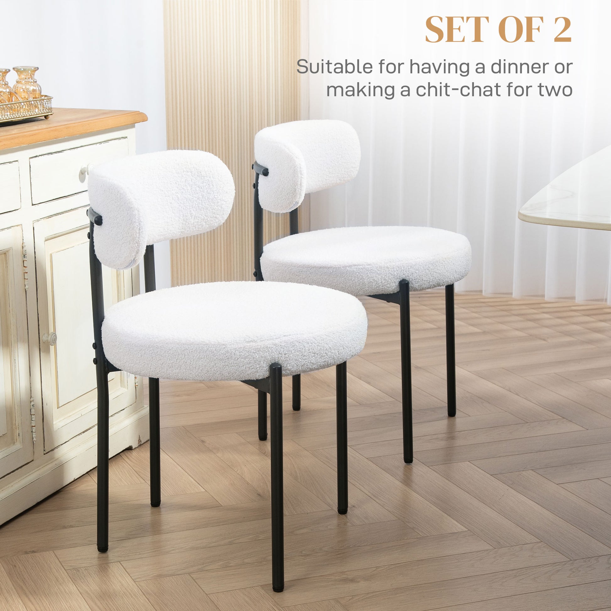 Set of 2 Modern Dining Chairs - Cream White Berber Fleece-Home Furnishings > Kitchen & Dining Furniture > Dining Chairs-DECOROLALA
