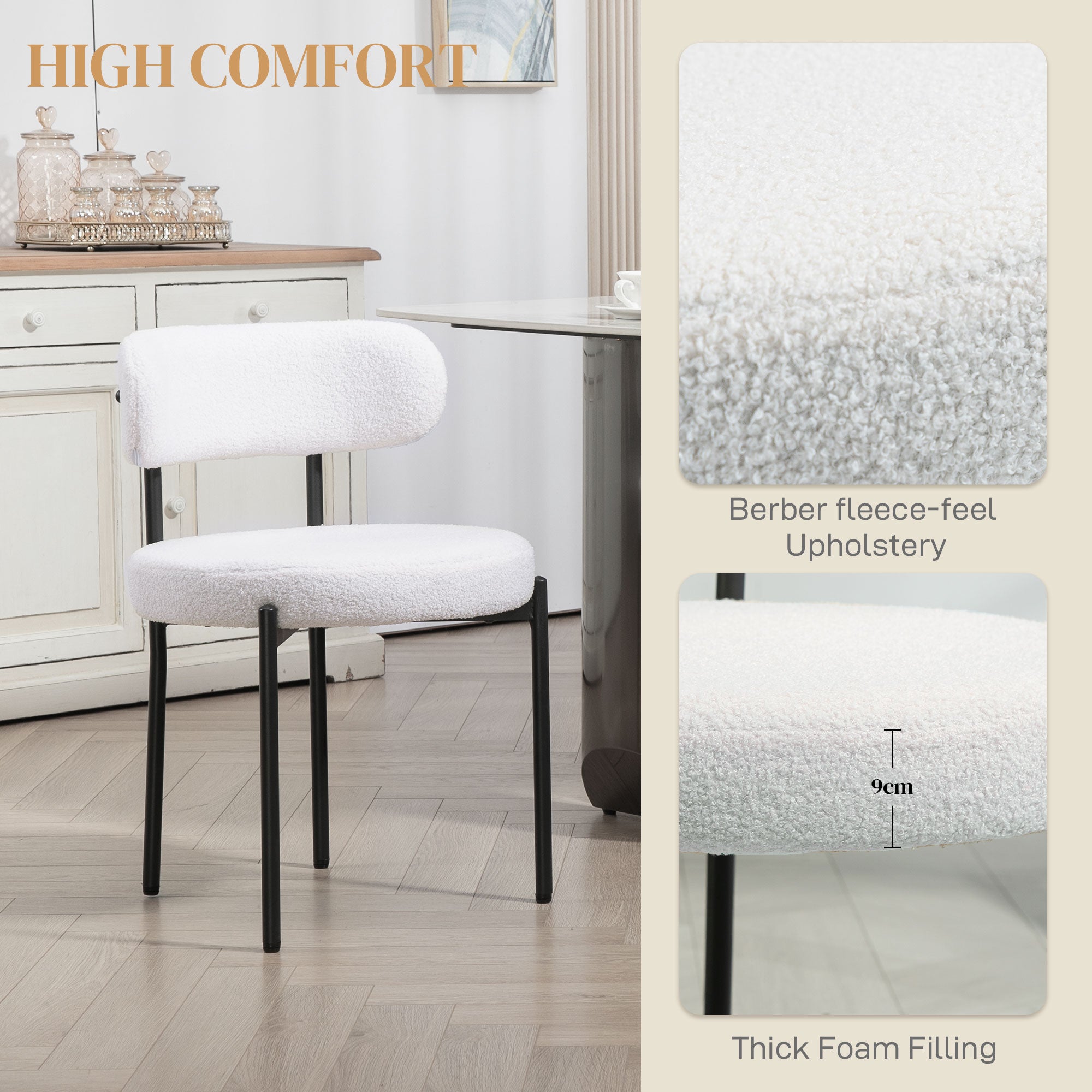 Set of 2 Modern Dining Chairs - Cream White Berber Fleece-Home Furnishings > Kitchen & Dining Furniture > Dining Chairs-DECOROLALA