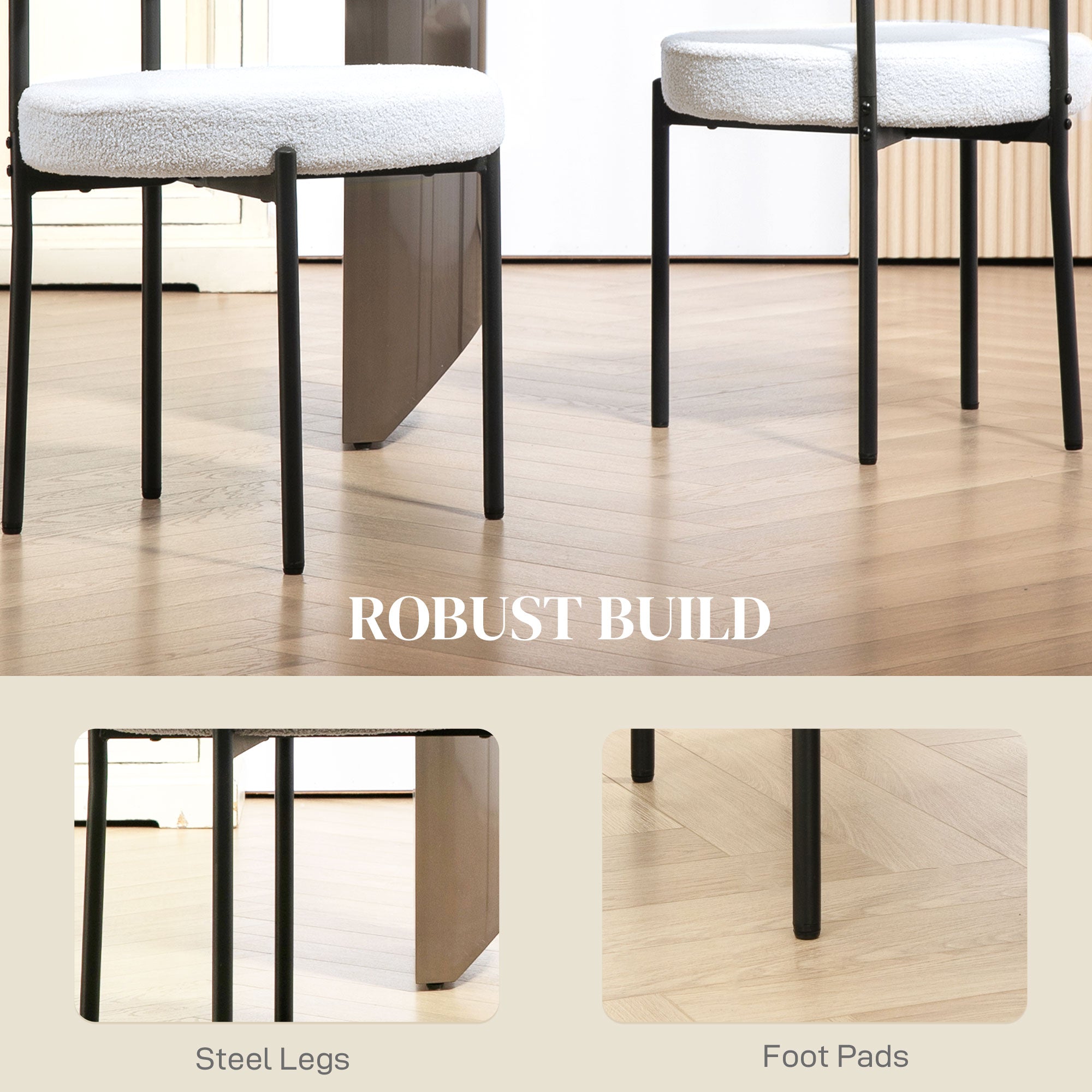 Set of 2 Modern Dining Chairs - Cream White Berber Fleece-Home Furnishings > Kitchen & Dining Furniture > Dining Chairs-DECOROLALA