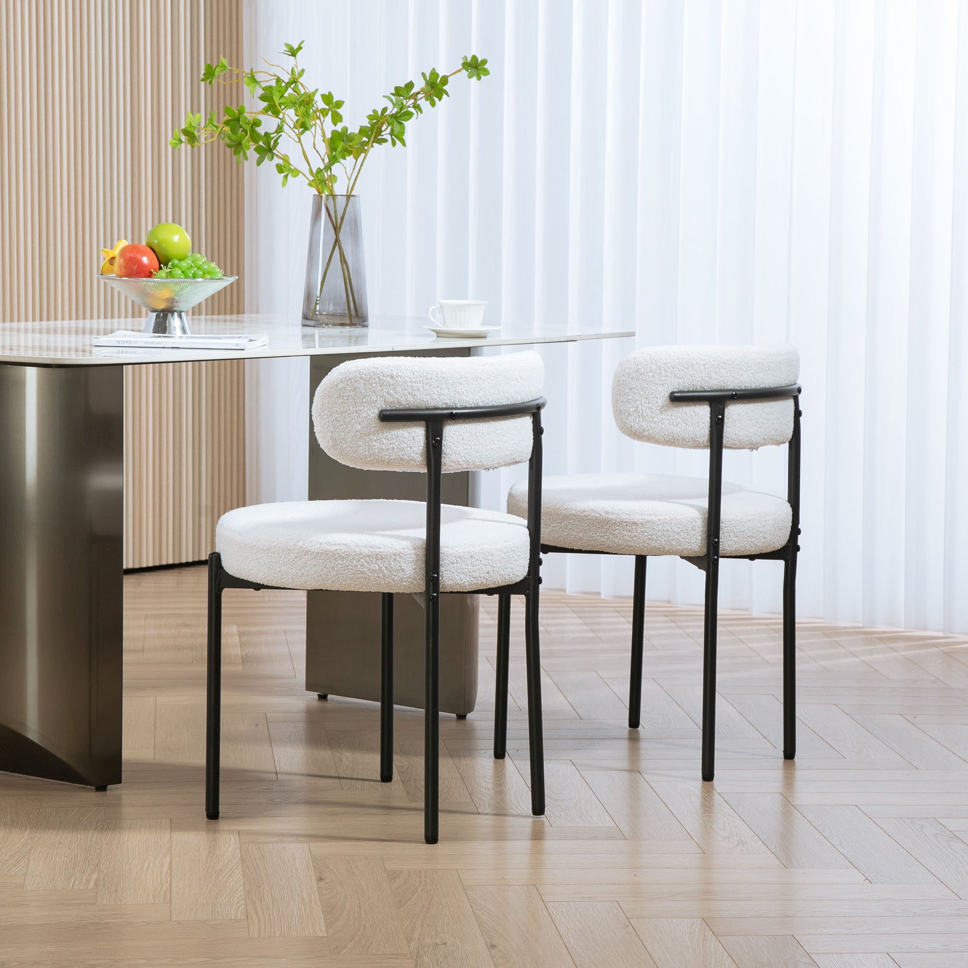 Set of 2 Modern Dining Chairs - Cream White Berber Fleece-Home Furnishings > Kitchen & Dining Furniture > Dining Chairs-DECOROLALA