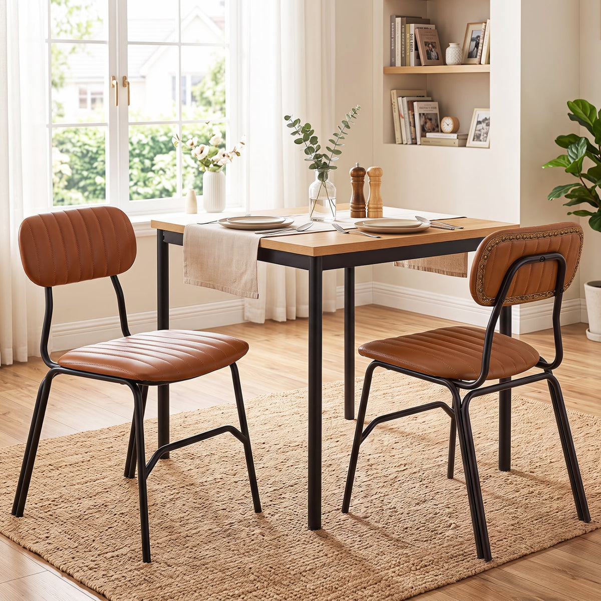 Set of 2 Modern Dining Chairs with Ergonomic Back Metal Legs Exquisite Rivet and Embellished Edges-Brown-Dining Chairs-DECOROLALA