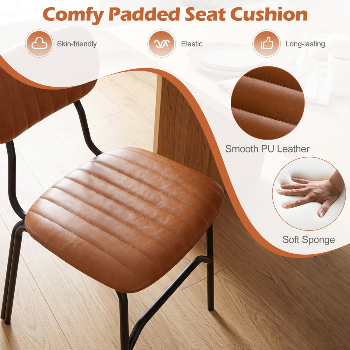 Set of 2 Modern Dining Chairs with Ergonomic Back Metal Legs Exquisite Rivet and Embellished Edges-Brown-Dining Chairs-DECOROLALA