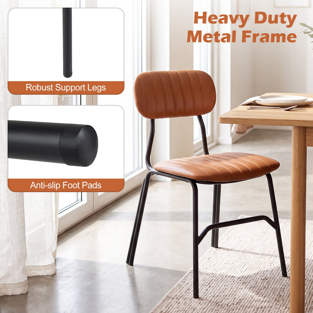 Set of 2 Modern Dining Chairs with Ergonomic Back Metal Legs Exquisite Rivet and Embellished Edges-Brown-Dining Chairs-DECOROLALA