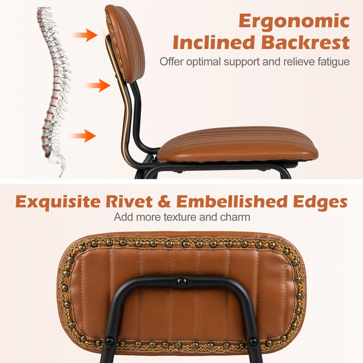 Set of 2 Modern Dining Chairs with Ergonomic Back Metal Legs Exquisite Rivet and Embellished Edges-Brown-Dining Chairs-DECOROLALA