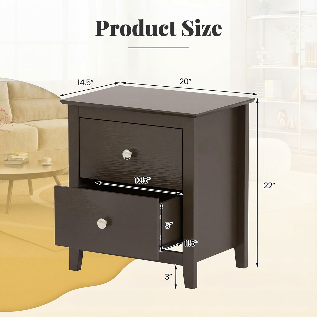 Set of 2 Modern Nightstand with 2 Drawers for Small Spaces-Rustic Brown-Nightstands-DECOROLALA