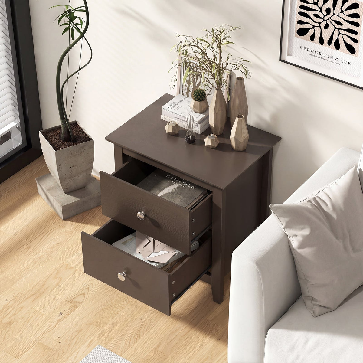 Set of 2 Modern Nightstand with 2 Drawers for Small Spaces-Rustic Brown-Nightstands-DECOROLALA