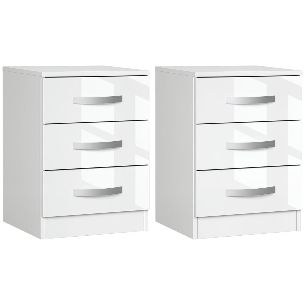 Set of 2 Modern Nightstands - 3 High Gloss Drawers White-DECOROLALA