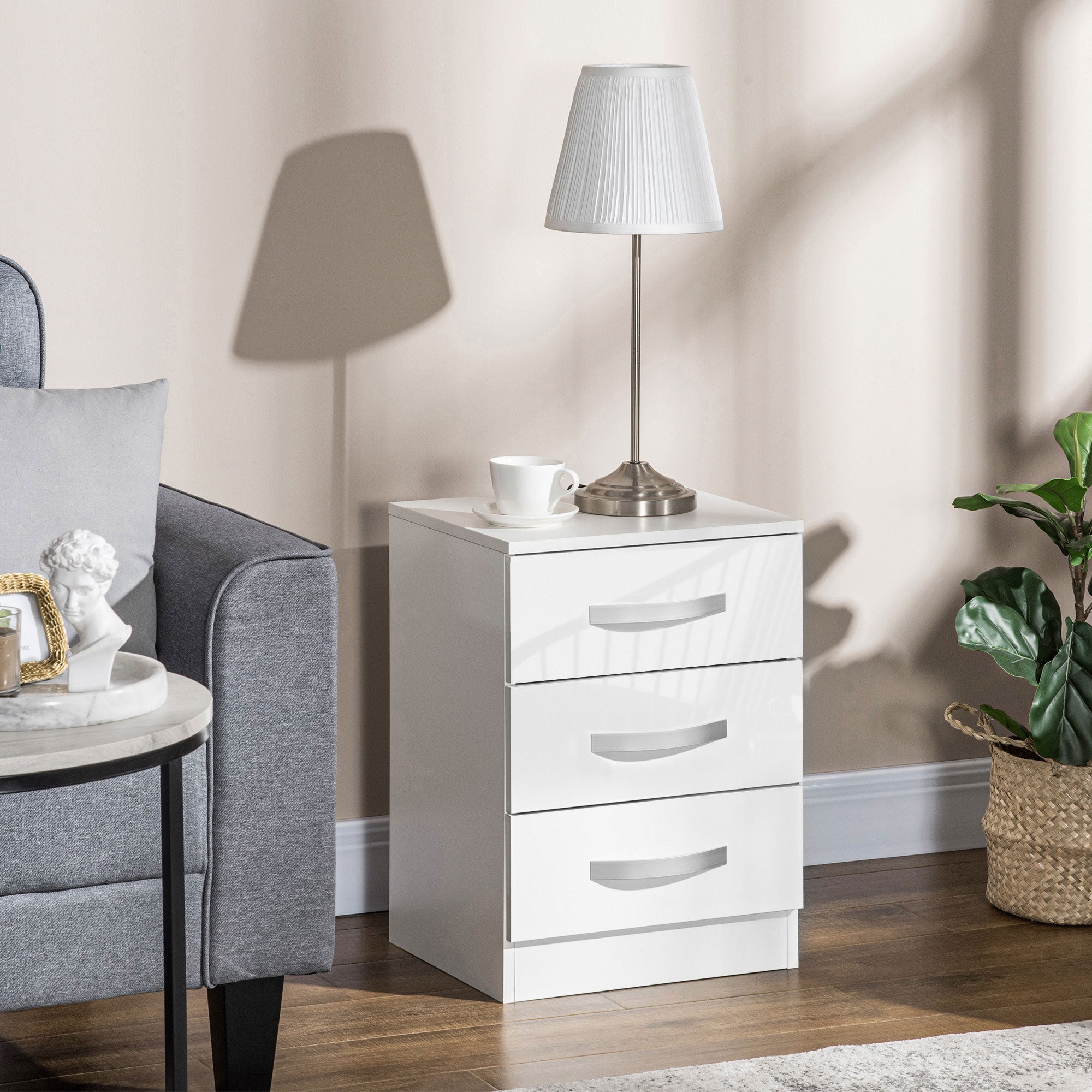 Set of 2 Modern Nightstands - 3 High Gloss Drawers White-DECOROLALA