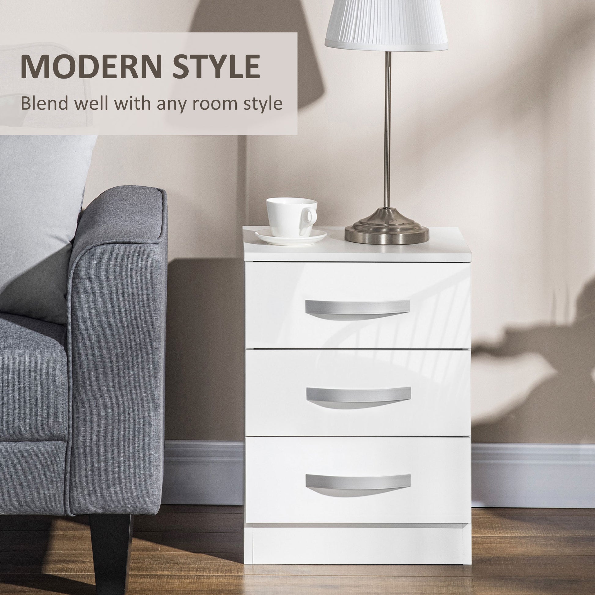 Set of 2 Modern Nightstands - 3 High Gloss Drawers White-DECOROLALA