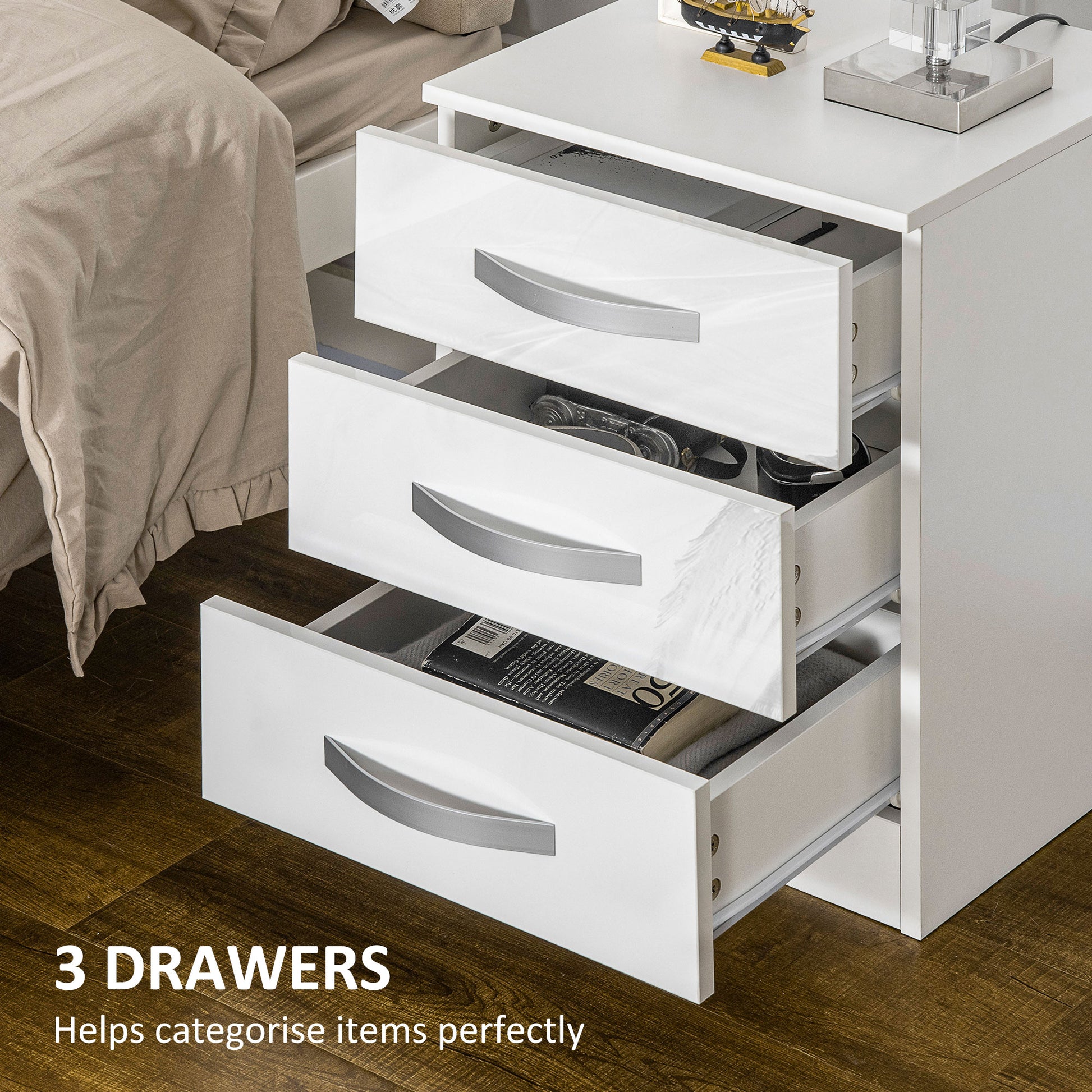 Set of 2 Modern Nightstands - 3 High Gloss Drawers White-DECOROLALA