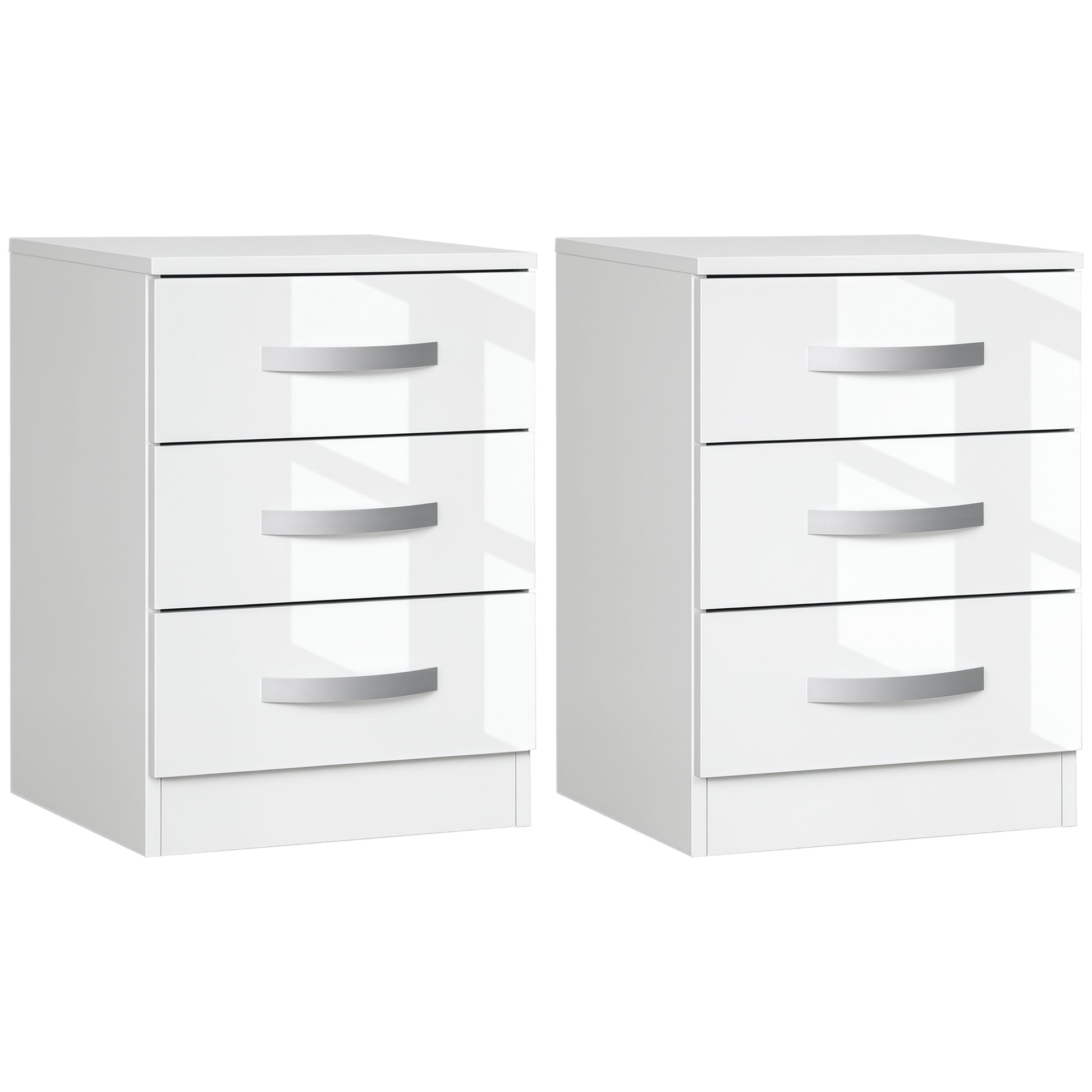Set of 2 Modern Nightstands - 3 High Gloss Drawers White-DECOROLALA
