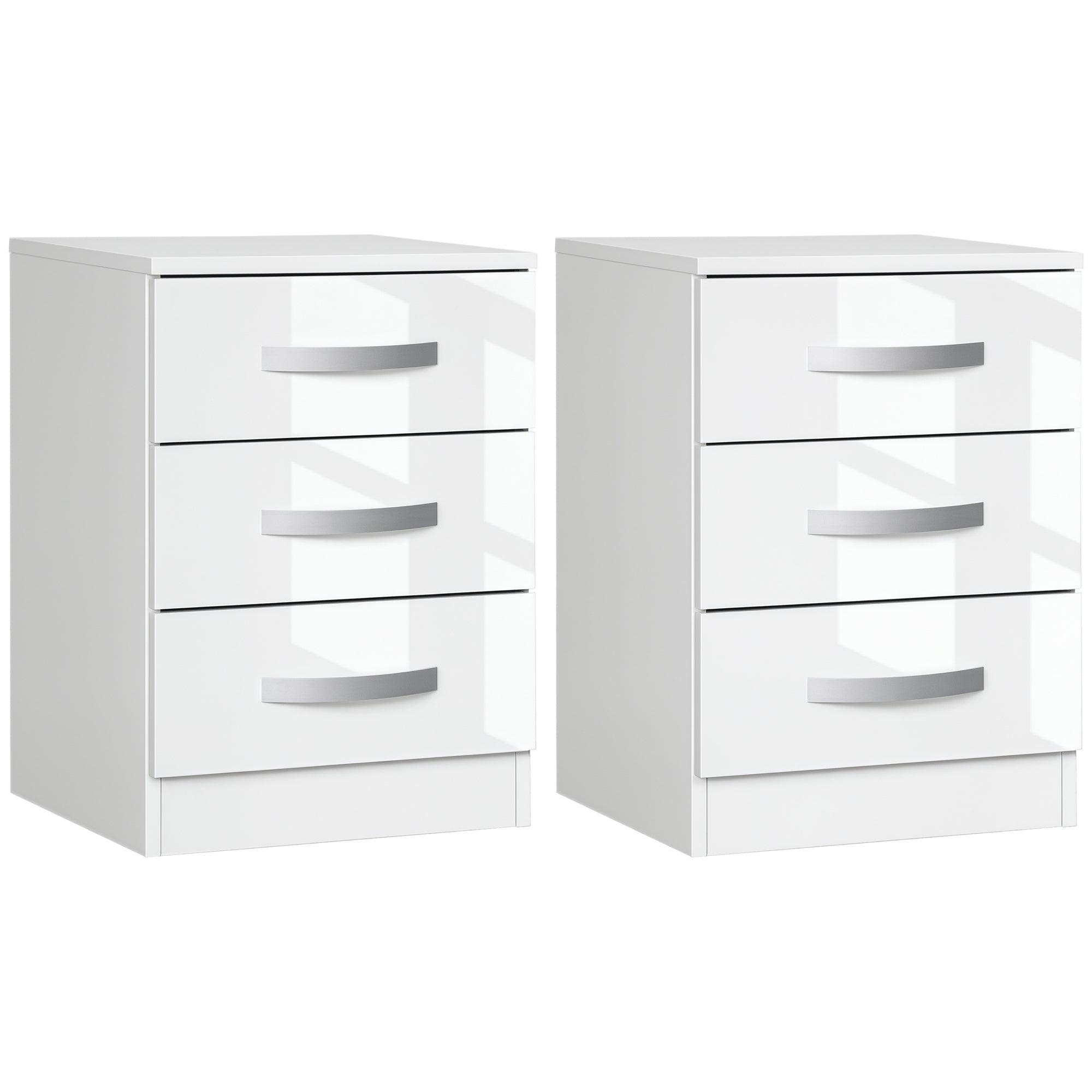 Set of 2 Modern Nightstands - 3 High Gloss Drawers White-DECOROLALA