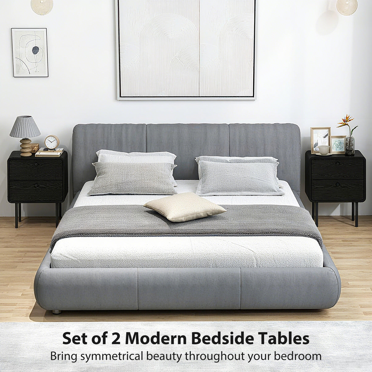 Set of 2 Modern Nightstands - Black Wood Grain 2-Drawer-Home Furnishings > Bedroom Furniture > Bedside Tables-DECOROLALA